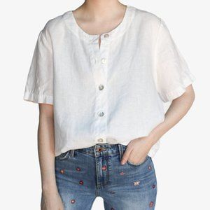 Orvis White Linen Boxy Button Up Short Sleeve Top